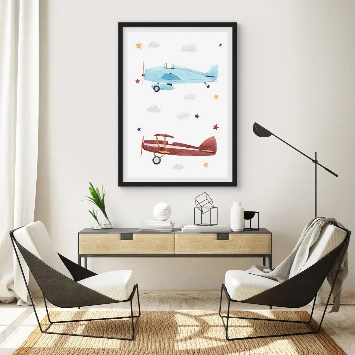 Affisch i svart ram - Akvarell illustrationer av två flygplan som svävar bland molnen och stjärnorna. - 50x70cm - Herr pilot, vi väntar! - Modern väggdekoration för vardagsrum och sovrum ARTTOR
