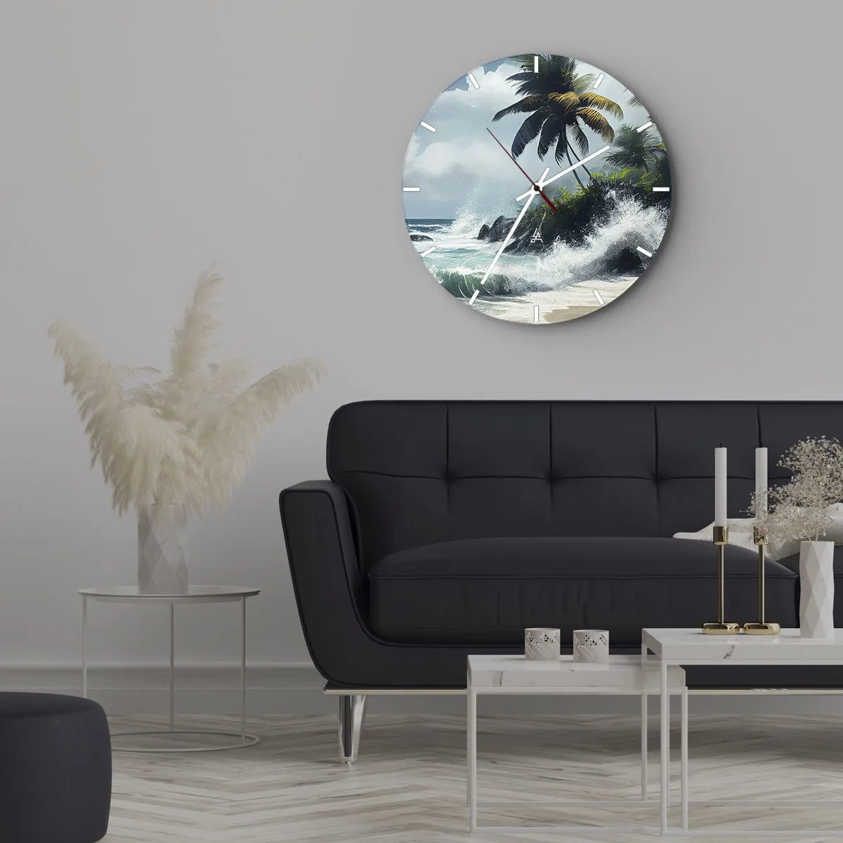 Väggklocka - Klocka på glas - Tropisk strand med palmer och kraschar havsvågor - 30x30cm - På en tropisk strand - Modern väggdekoration för vardagsrum, kök och sovrum ARTTOR