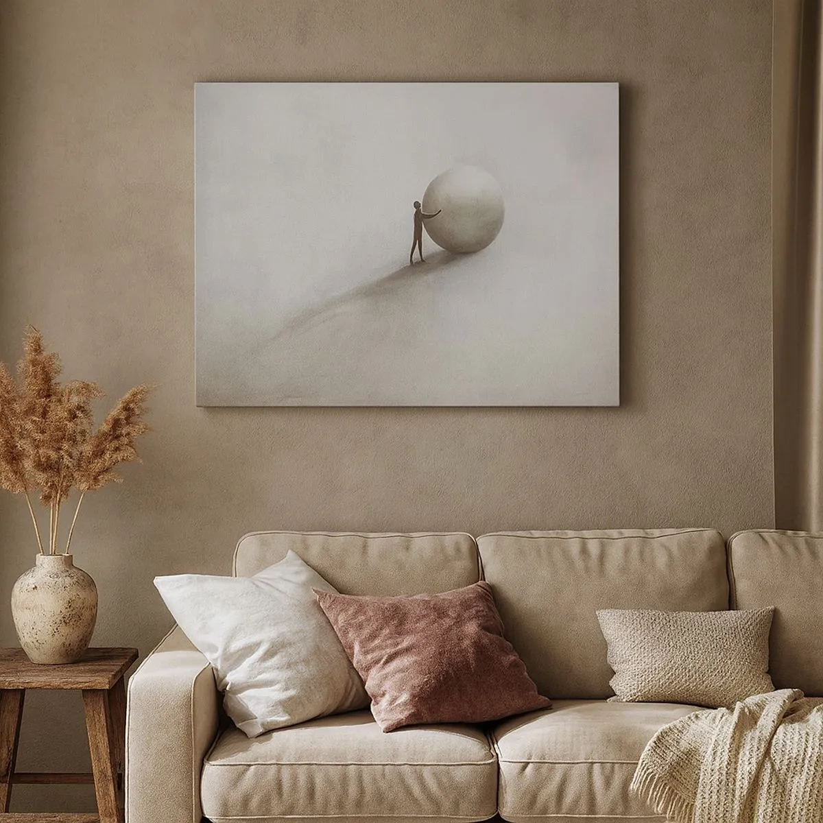 Canvastavla - Bild på duk - En minimalistisk figur med en boll mot en ljus, monokromatisk bakgrund. - 70x50cm - Livets spel - Modern väggdekoration för vardagsrum och sovrum ARTTOR