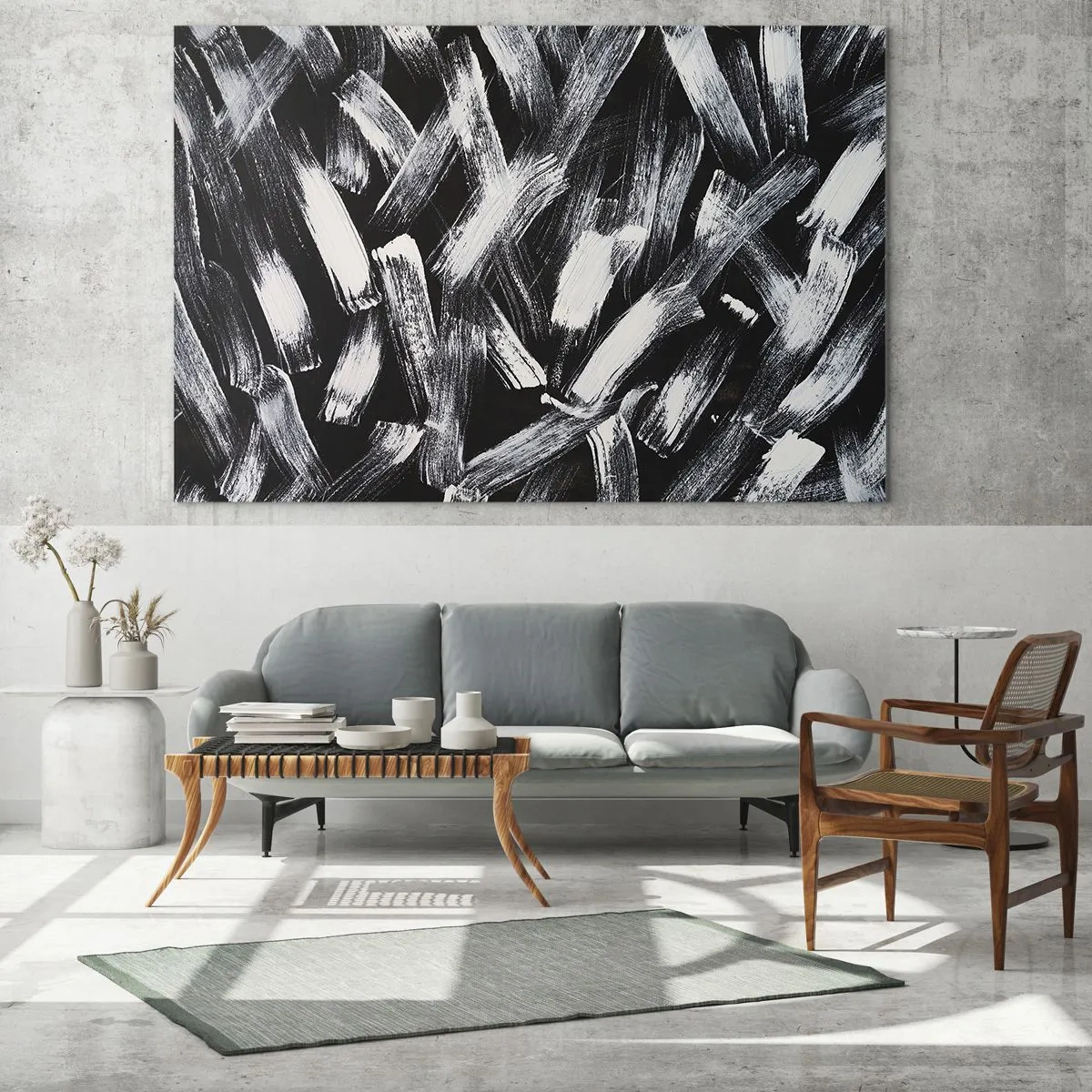 Glastavla - Bild på glas - Svartvit abstraktion av penseldrag på en mörk bakgrund - 70x50cm - Abstraktion i industriell anda - Modern väggdekoration för vardagsrum och sovrum ARTTOR