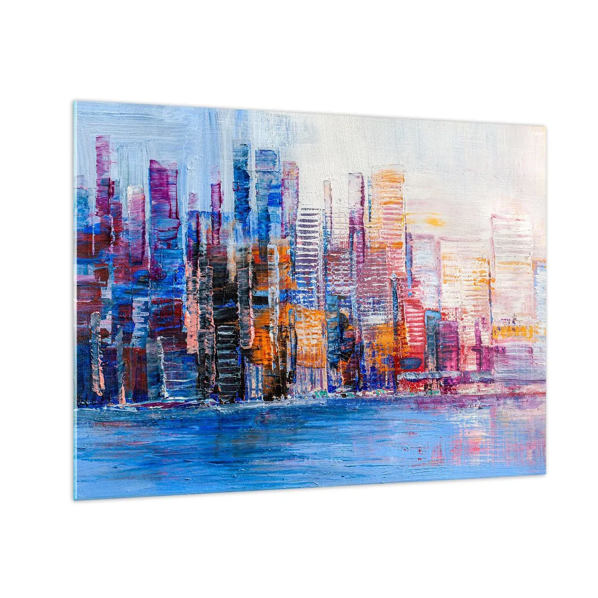 Glastavla - Bild på glas - Ett färgglatt panorama över staden målat med penseldrag - 70x50cm - En glädjefylld metropol - Modern väggdekoration för vardagsrum och sovrum ARTTOR