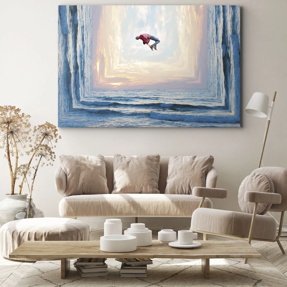 Canvastavla - Bild på duk - Surrealistiskt hopp över havet i bilden - 70x50cm - Till en annan dimension - Modern väggdekoration för vardagsrum och sovrum ARTTOR