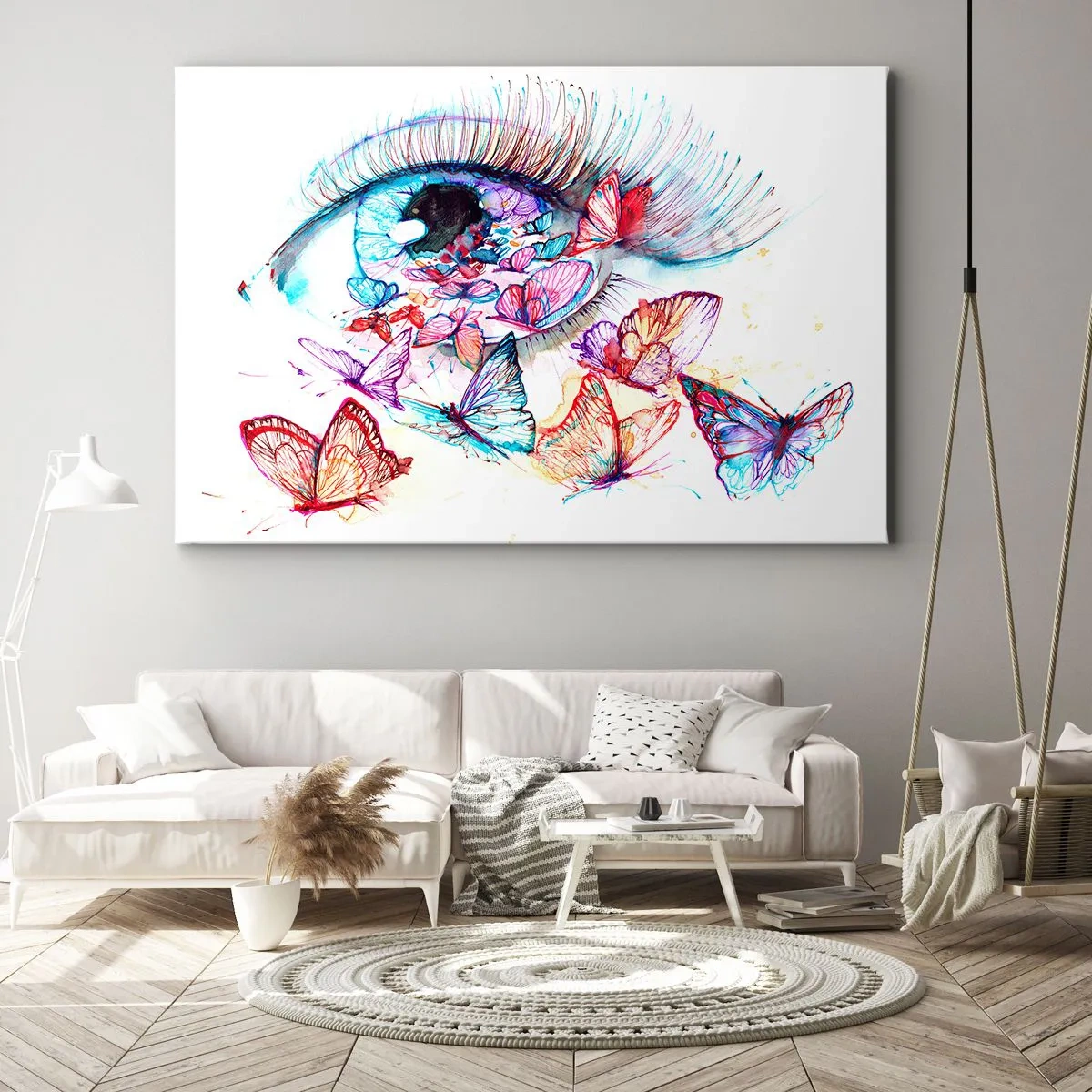 Canvastavla - Bild på duk - Ett akvarellöga omgivet av färgglada fjärilar - 70x50cm - Ögonens sagolika charm - Modern väggdekoration för vardagsrum och sovrum ARTTOR