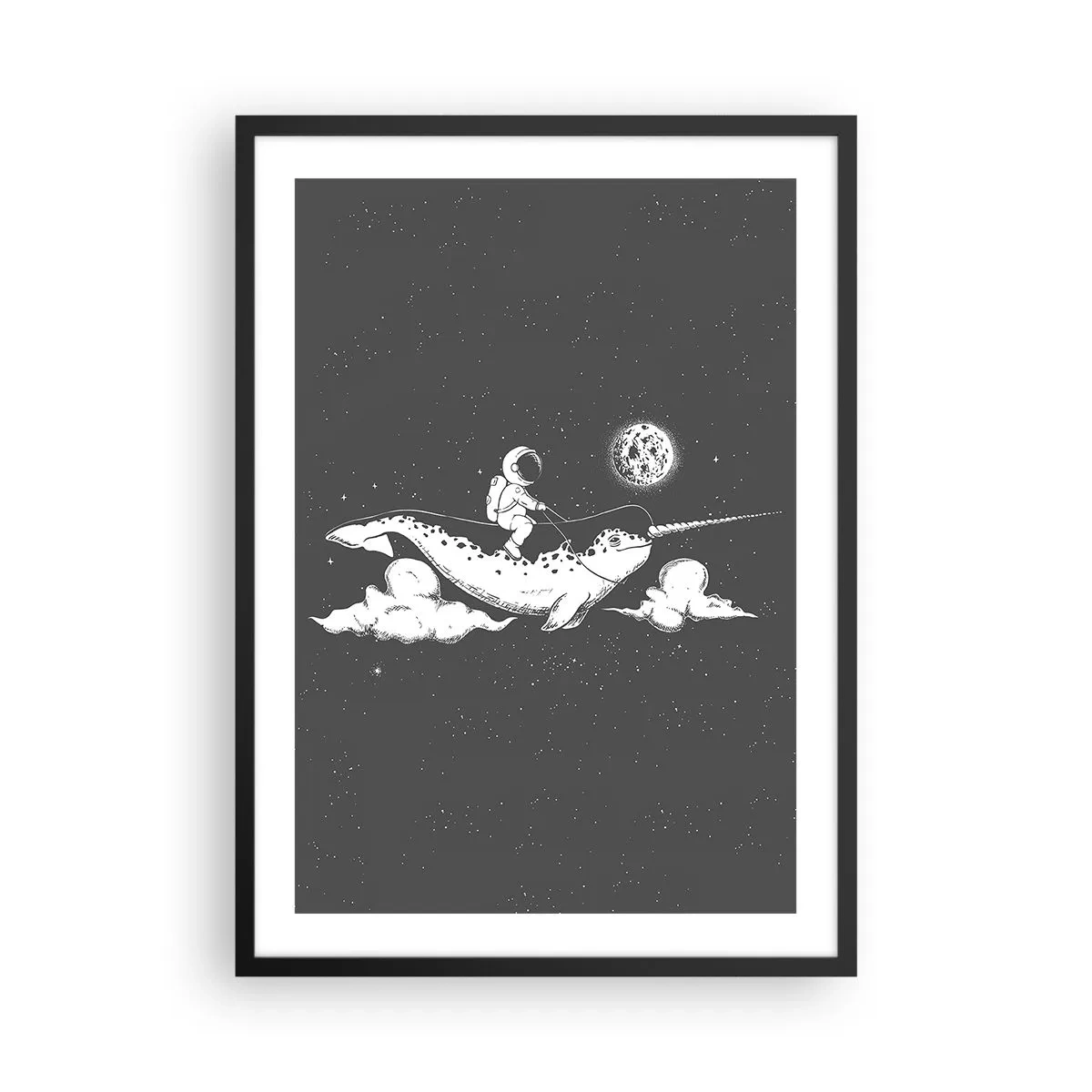 Affisch i svart ram - Astronaut på ryggen av en narval i rymden - 50x70cm - Rymdryttare - Modern väggdekoration för vardagsrum och sovrum ARTTOR