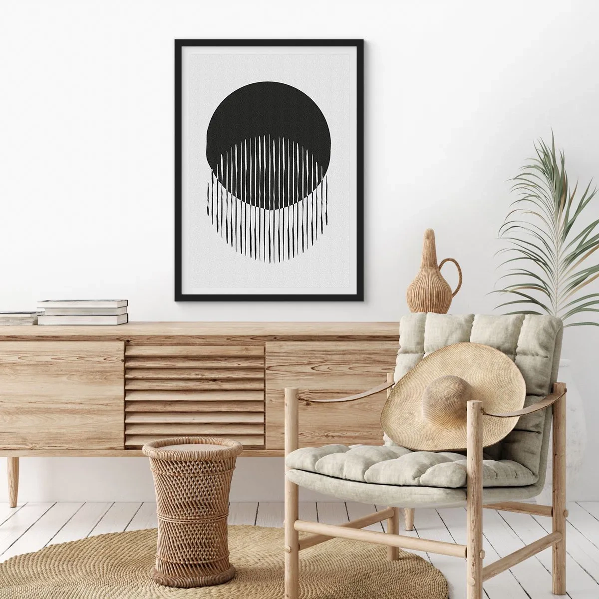 Affisch i svart ram - Abstrakt komposition av en svart cirkel och vertikala linjer - 50x70cm - Hans alter ego - Modern väggdekoration för vardagsrum och sovrum ARTTOR