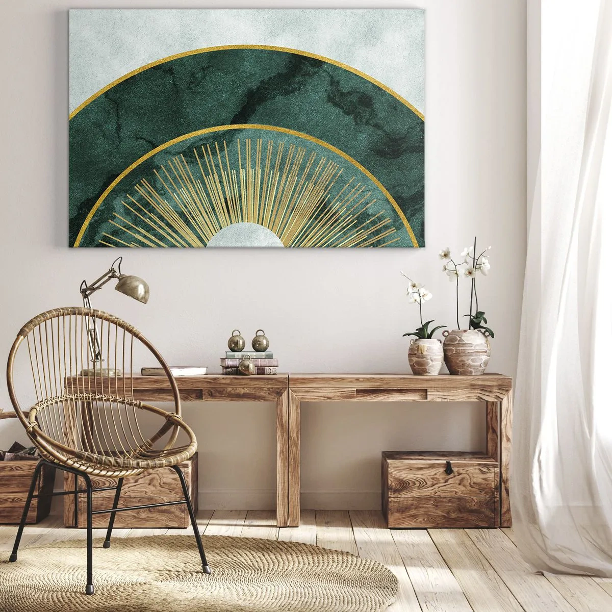 Canvastavla - Bild på duk - Abstrakt mönster med cirklar i smaragd- och guldfärger. - 70x50cm - Ett annorlunda solsystem - Modern väggdekoration för vardagsrum och sovrum ARTTOR