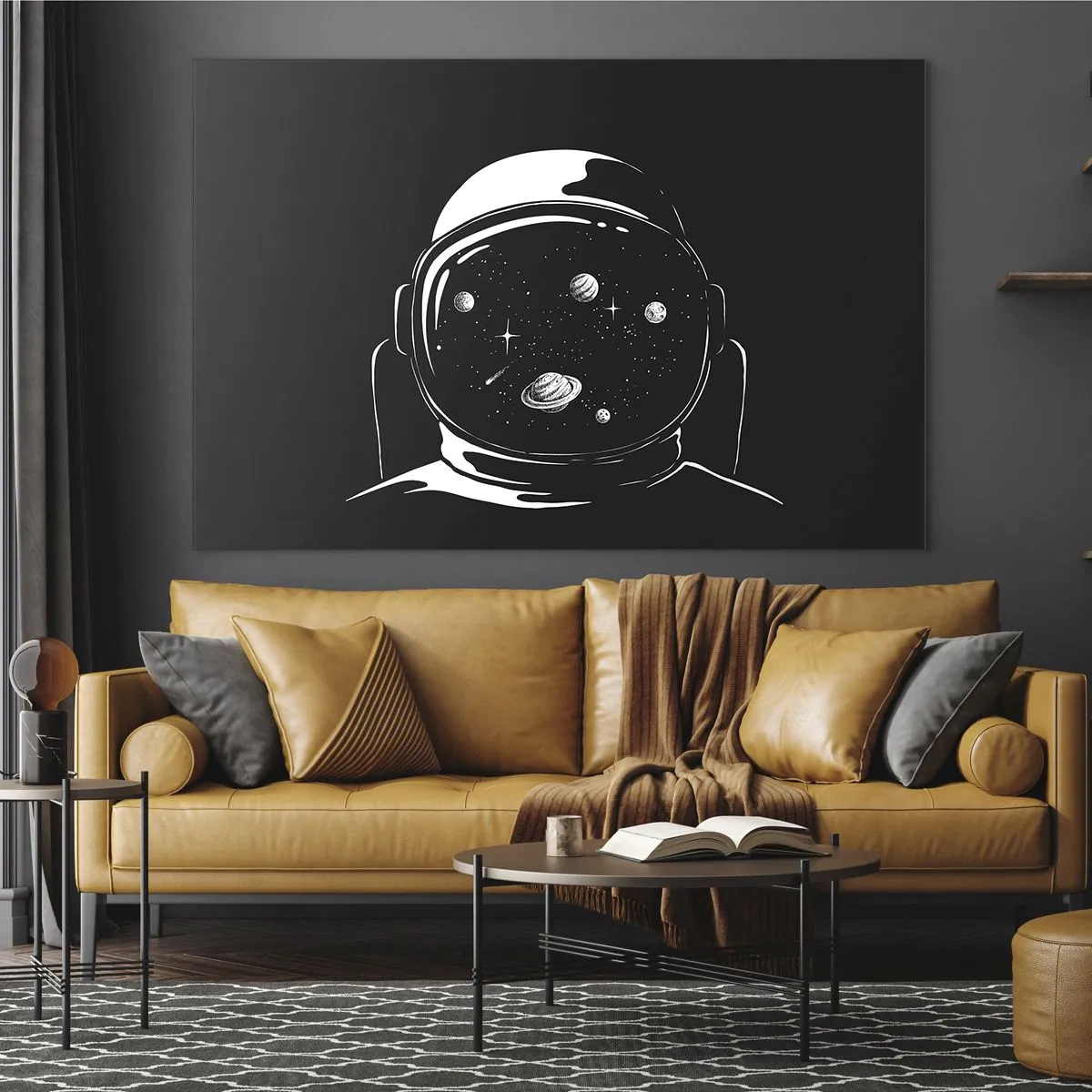 Glastavla - Bild på glas - Astronaut med stjärnor och planeter i sin hjälm på svart bakgrund - 70x50cm - Fin utsikt - Modern väggdekoration för vardagsrum och sovrum ARTTOR
