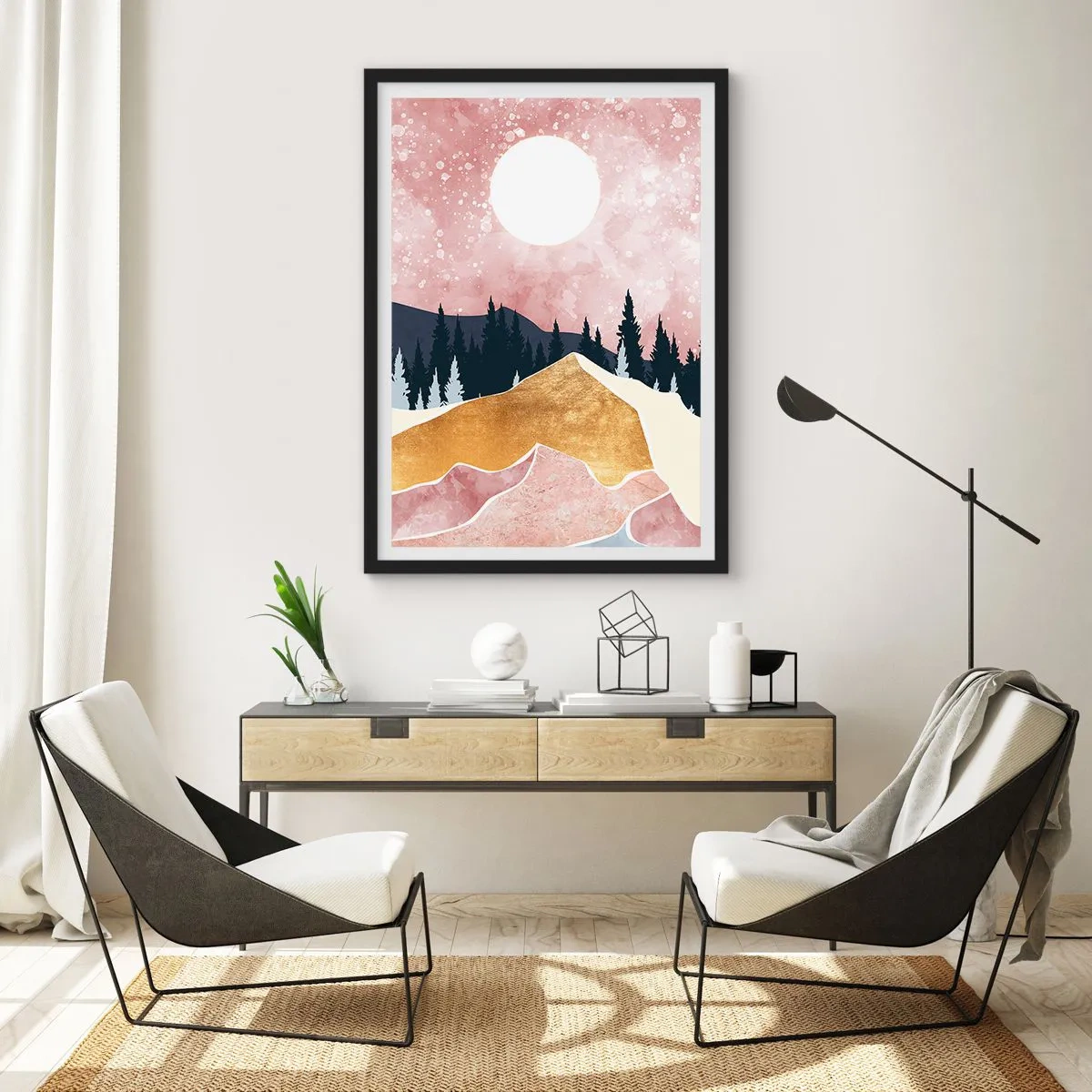 Affisch i svart ram - Abstrakt landskap med skog, berg och gyllene accenter - 50x70cm - Nattvakt - Modern väggdekoration för vardagsrum och sovrum ARTTOR