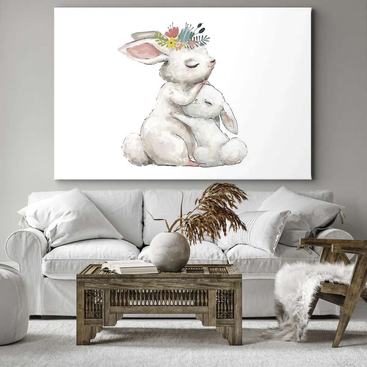 Canvastavla - Bild på duk - Söta kaniner i pastellfärger - 70x50cm - Alltid bäst hos mamma - Modern väggdekoration för vardagsrum och sovrum ARTTOR