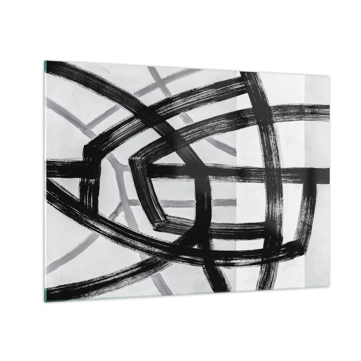 Glastavla - Bild på glas - Svarta och grå penseldrag skapar ett dynamiskt nätverk av linjer. - 70x50cm - Att skapa djupet - Modern väggdekoration för vardagsrum och sovrum ARTTOR