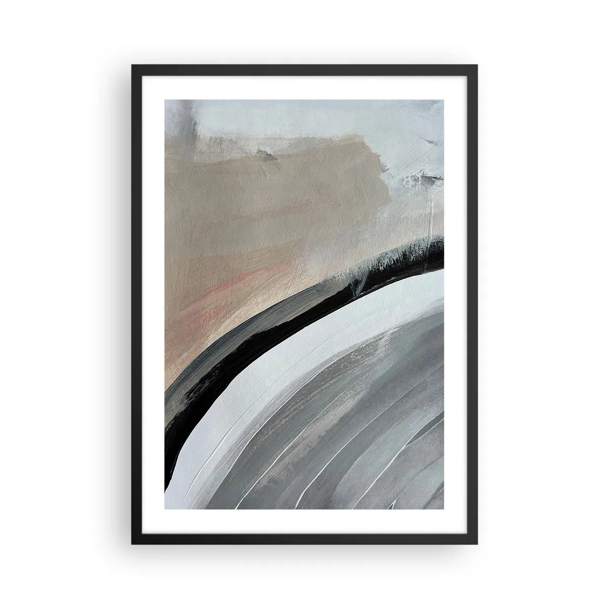 Affisch i svart ram - Abstrakt komposition med linjer i nyanser av grått och beige. - 50x70cm - Komposition: en båge av svart och grått - Modern väggdekoration för vardagsrum och sovrum ARTTOR