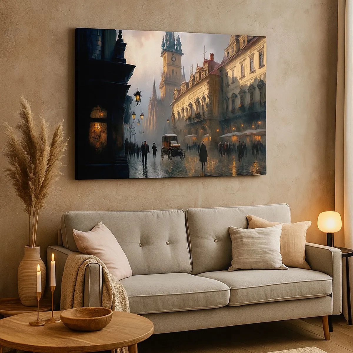 Canvastavla - Bild på duk - Kvällsgatuscen med historisk arkitektur - 70x50cm - Magin under en kväll i Prag - Modern väggdekoration för vardagsrum och sovrum ARTTOR