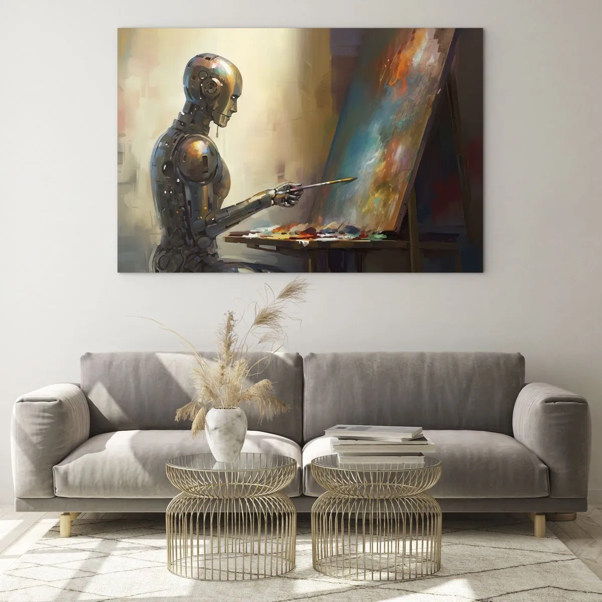 Glastavla - Bild på glas - En robot som målar en tavla vid ett staffli - 70x50cm - Framtidens konst - Modern väggdekoration för vardagsrum och sovrum ARTTOR