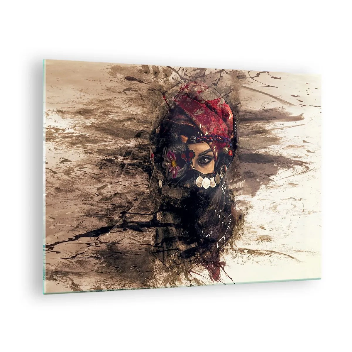 Glastavla - Bild på glas - Porträtt av en mystisk kvinna i röd turban - 70x50cm - Minst intrigerande - Modern väggdekoration för vardagsrum och sovrum ARTTOR
