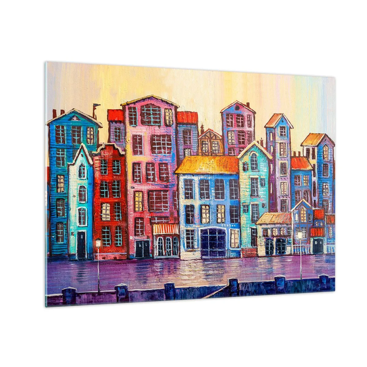 Glastavla - Bild på glas - Färgglada hyreshus speglas i vattnet - 70x50cm - En sagostad - Modern väggdekoration för vardagsrum och sovrum ARTTOR