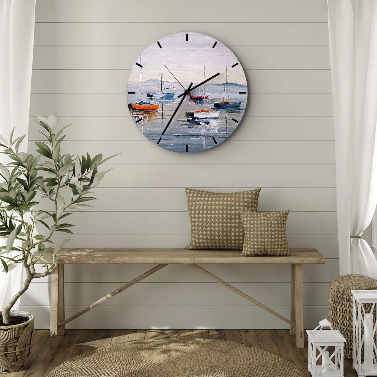 Väggklocka - Klocka på glas - Färgglada båtar som förtöjer fridfullt på vattenytan - 30x30cm - En välförtjänt vila - Modern väggdekoration för vardagsrum, kök och sovrum ARTTOR