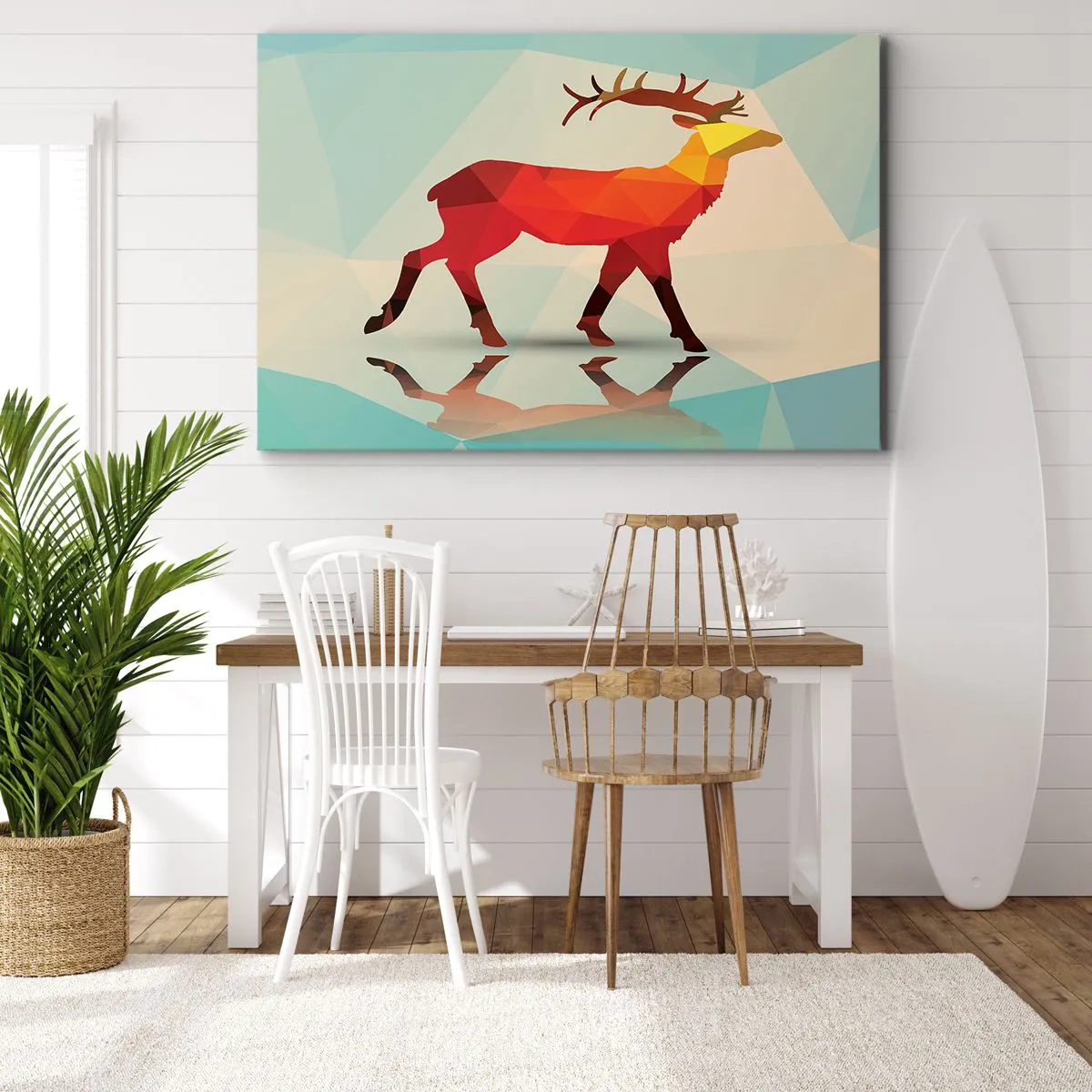 Canvastavla - Bild på duk - Geometrisk silhuett av en hjort i nyanser av rött och orange - 70x50cm - Geometrisk hjort - Modern väggdekoration för vardagsrum och sovrum ARTTOR