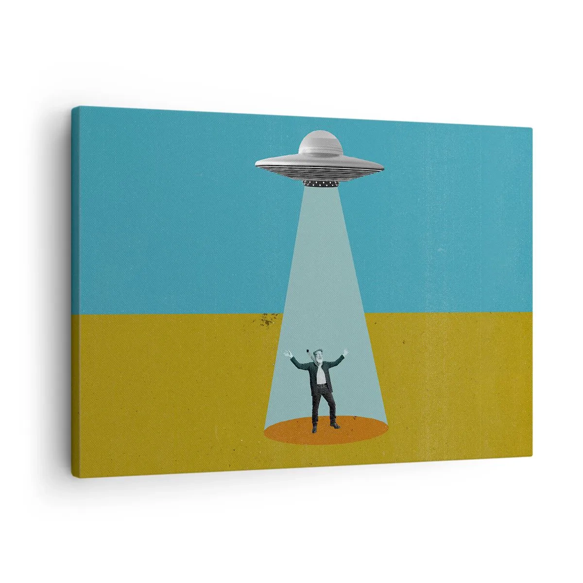 Canvastavla - Bild på duk - En man i ljuset av ett UFO mot bakgrund av ett färgstarkt landskap - 70x50cm - Ett nära möte - Modern väggdekoration för vardagsrum och sovrum ARTTOR
