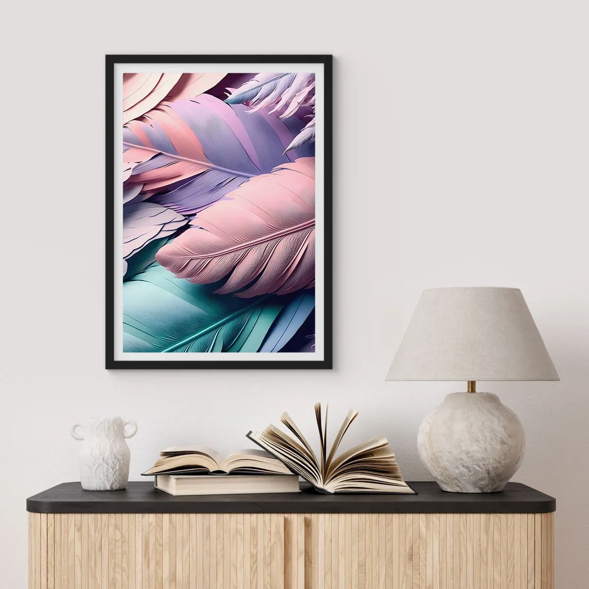 Affisch i svart ram - Pastellfärgade fjädrar i fina nyanser - 50x70cm - Fågelstil - Modern väggdekoration för vardagsrum och sovrum ARTTOR