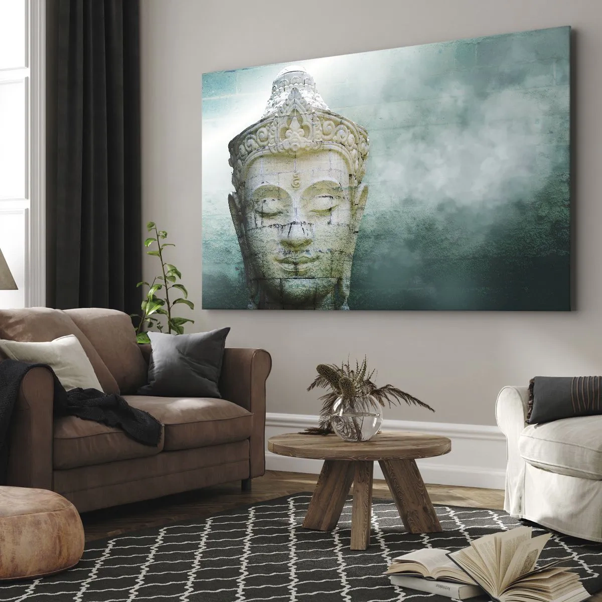 Canvastavla - Bild på duk - Buddhastaty med en mild dimma mot en grön bakgrund - 70x50cm - På jakt efter ljus - Modern väggdekoration för vardagsrum och sovrum ARTTOR
