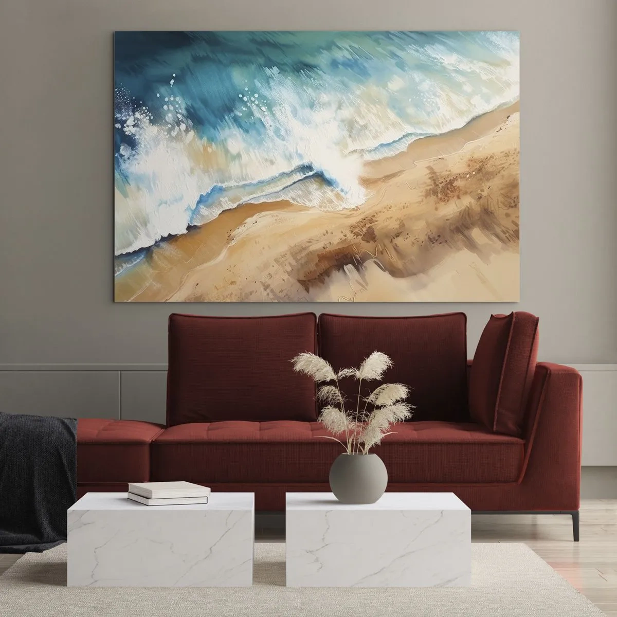 Glastavla - Bild på glas - En fågelperspektiv av en blå havsvåg som slår mot en sandstrand - 70x50cm - Den återkommande vågen - Modern väggdekoration för vardagsrum och sovrum ARTTOR