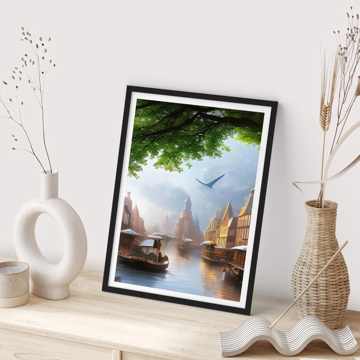 Affisch i svart ram - Pittoresk utsikt över kanalen med historisk arkitektur - 50x70cm - Holländsk stadsbild - Modern väggdekoration för vardagsrum och sovrum ARTTOR