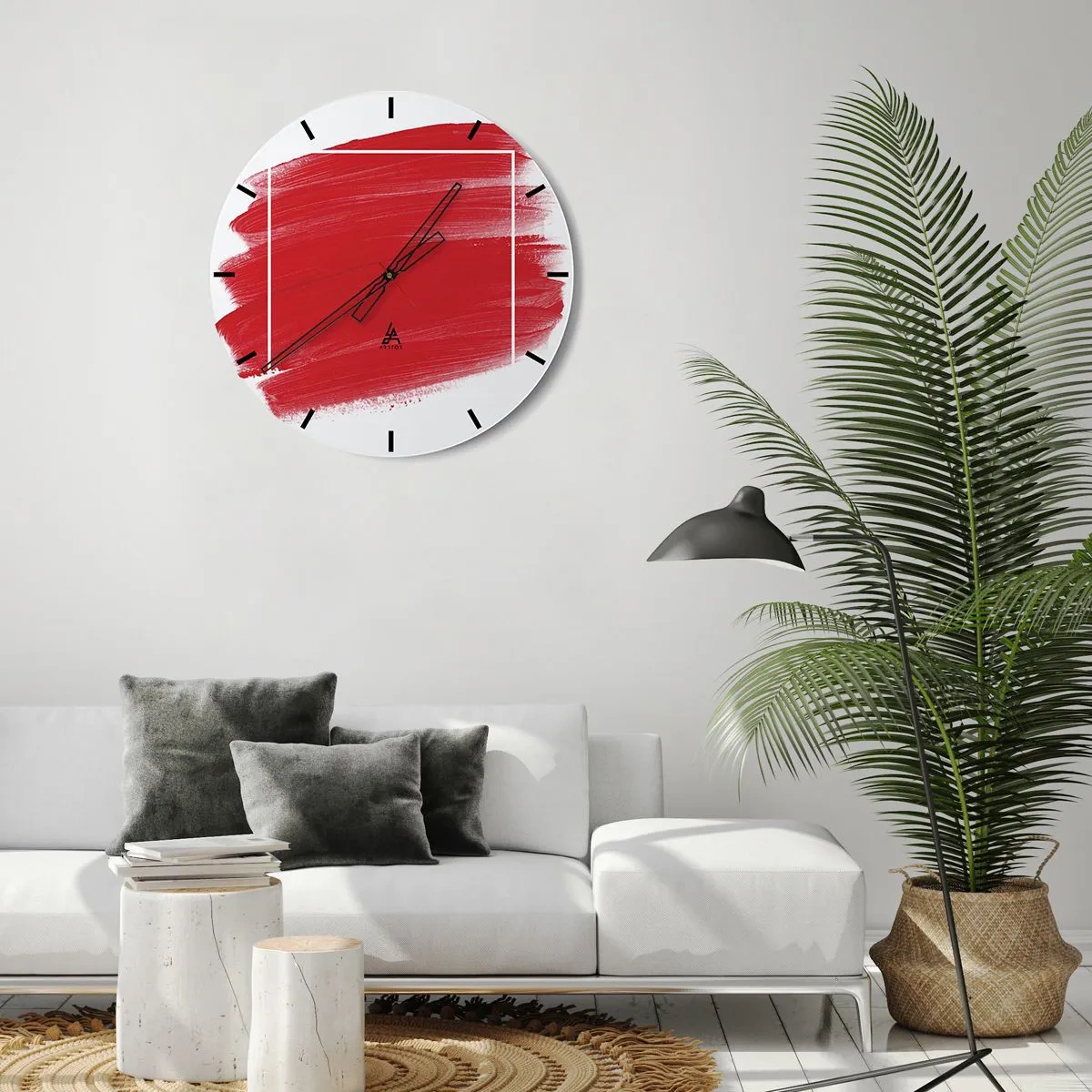 Väggklocka - Klocka på glas - Rött penseldrag som korsar en vit kant - 30x30cm - Utanför ramen - Modern väggdekoration för vardagsrum, kök och sovrum ARTTOR