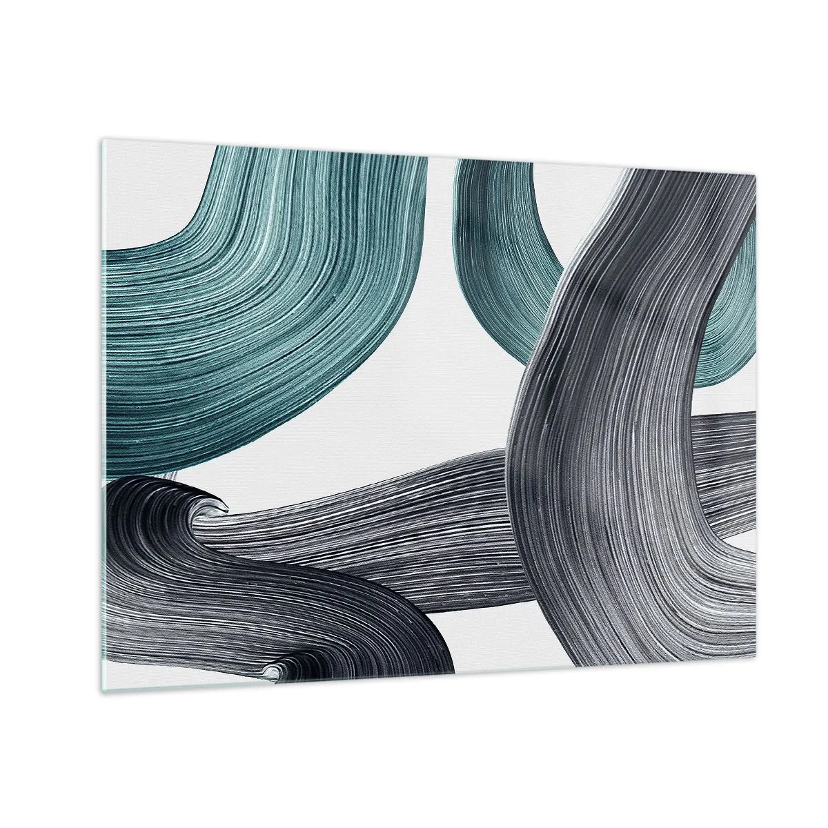 Glastavla - Bild på glas - Dynamiska strängar i nyanser av smaragdgrönt och svart på en vit bakgrund - 70x50cm - Smaragd och svarta spår - Modern väggdekoration för vardagsrum och sovrum ARTTOR