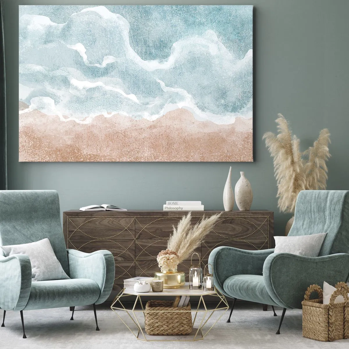 Canvastavla - Bild på duk - Abstrakt strand med vågor i nyanser av blått och beige - 70x50cm - Abstraktion i moln - Modern väggdekoration för vardagsrum och sovrum ARTTOR