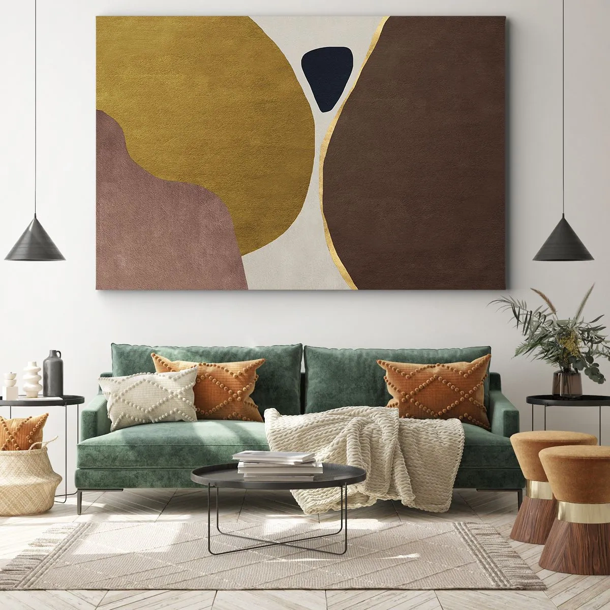 Canvastavla - Bild på duk - En abstrakt komposition med geometriska former i varma färger. - 70x50cm - Abstraktion - en plats i rymden - Modern väggdekoration för vardagsrum och sovrum ARTTOR