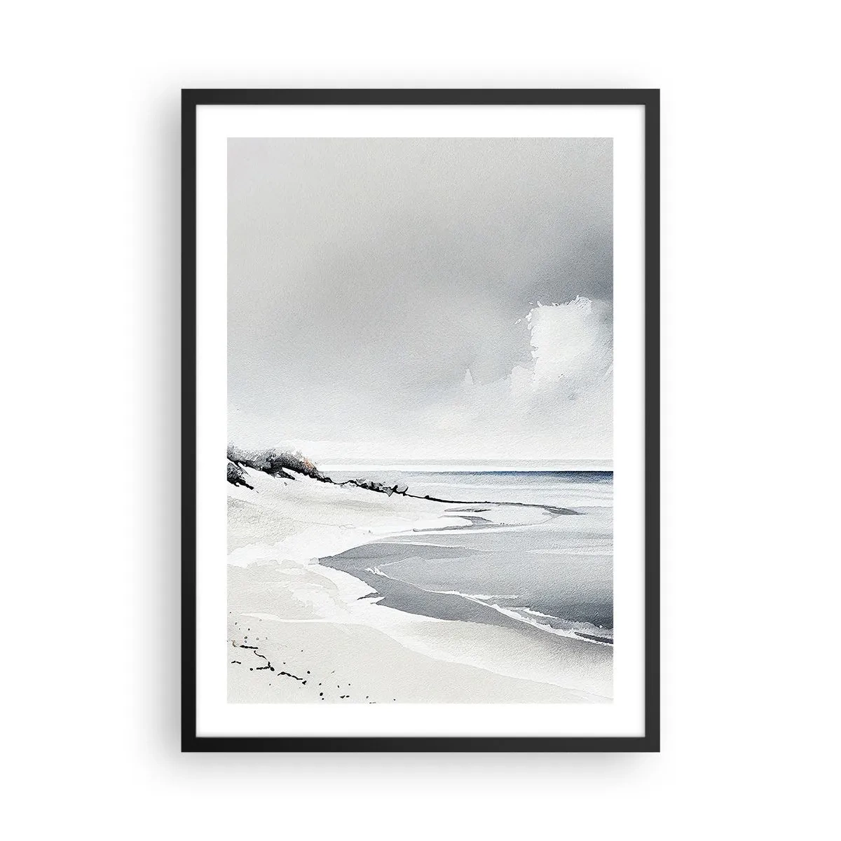 Affisch i svart ram - En minimalistisk strand i grå nyanser - 50x70cm - Alltid tillsammans - Modern väggdekoration för vardagsrum och sovrum ARTTOR