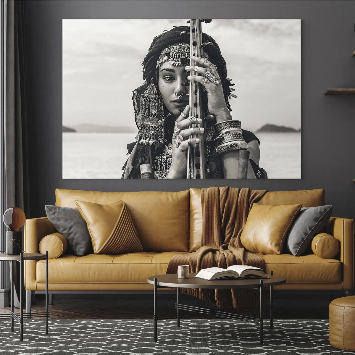 Glastavla - Bild på glas - Kvinna i orientaliska smycken med ett instrument - 70x50cm - Bara Orientens musik - Modern väggdekoration för vardagsrum och sovrum ARTTOR