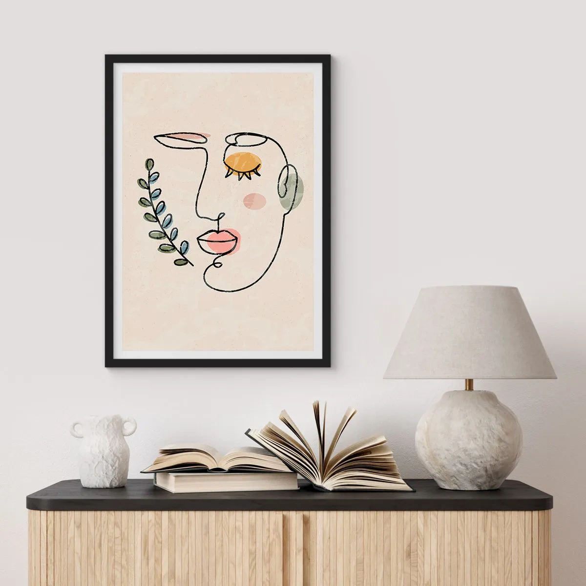 Affisch i svart ram - Minimalistiskt linjeporträtt av en kvinna mot beige bakgrund - 50x70cm - Återfunnet lugn - Modern väggdekoration för vardagsrum och sovrum ARTTOR