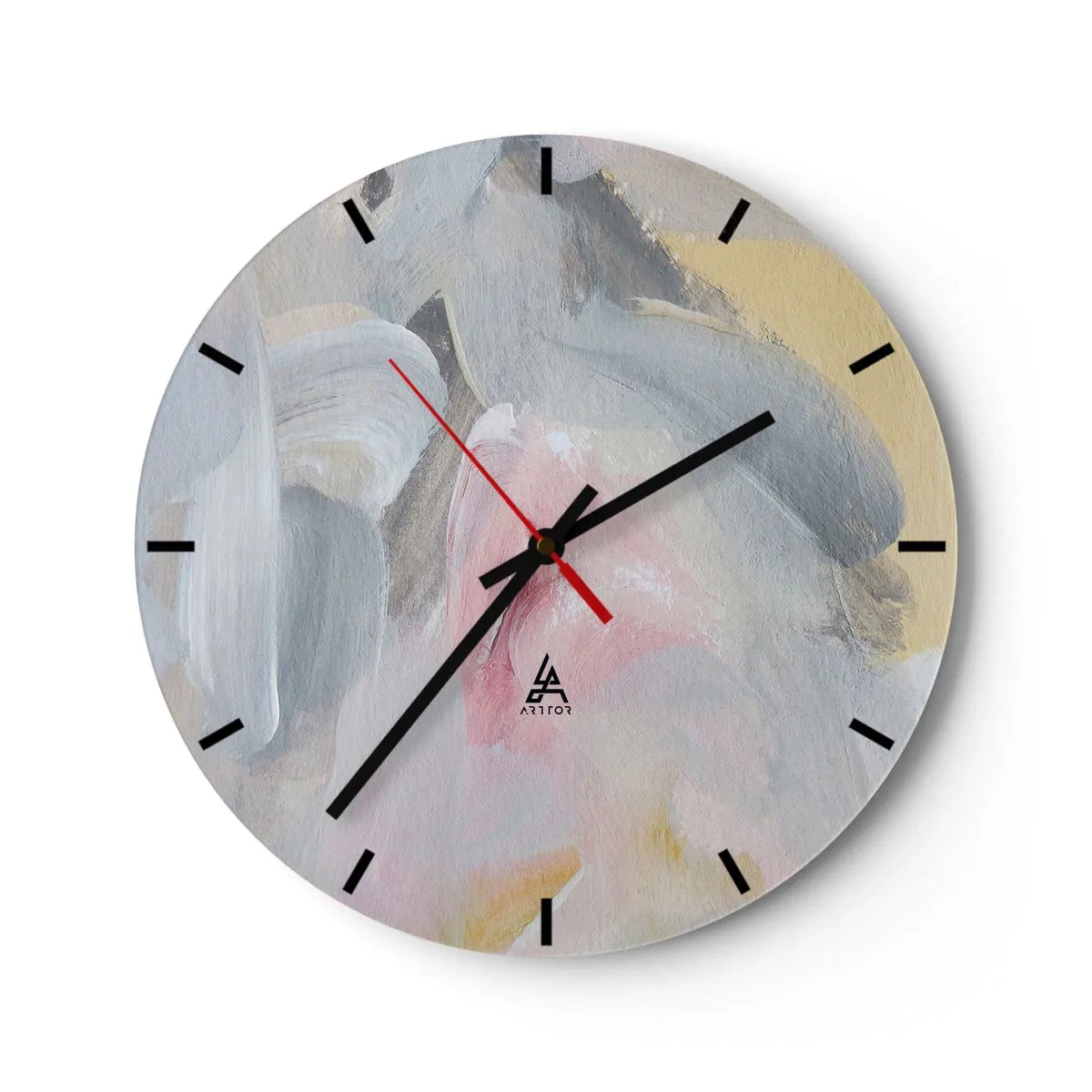 Väggklocka - Klocka på glas - Abstrakta pastellfärgade fläckar i nyanser av rosa och grått - 30x30cm - I en pastellfärgad värld - Modern väggdekoration för vardagsrum, kök och sovrum ARTTOR