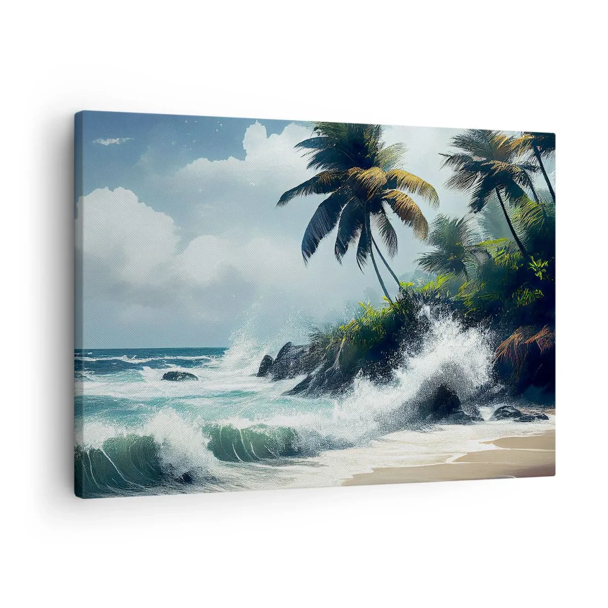 Canvastavla - Bild på duk - Tropisk strand med palmer och ett grovt hav - 70x50cm - På en tropisk strand - Modern väggdekoration för vardagsrum och sovrum ARTTOR