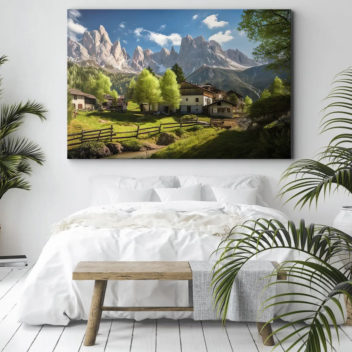 Canvastavla - Bild på duk - En bergsby med hus och utsikt över Alperna - 70x50cm - Alpin idyll - Modern väggdekoration för vardagsrum och sovrum ARTTOR