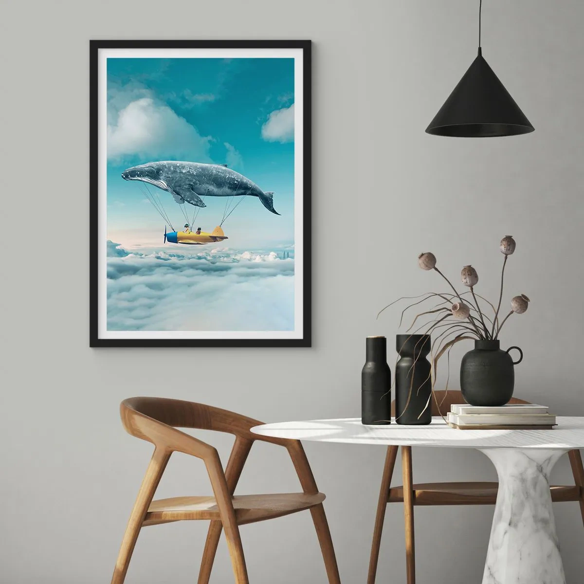Affisch i svart ram - En fantastisk bild på en val som lyfter ett flygplan över molnen. - 50x70cm - Varför inte? - Modern väggdekoration för vardagsrum och sovrum ARTTOR