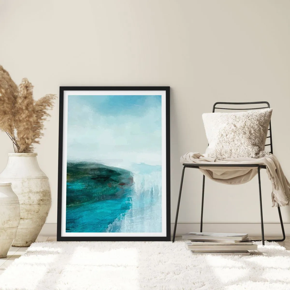Affisch i svart ram - Ett pittoreskt landskap med en klippa över vattnet i nyanser av blått. - 50x70cm - Marin abstraktion - Modern väggdekoration för vardagsrum och sovrum ARTTOR