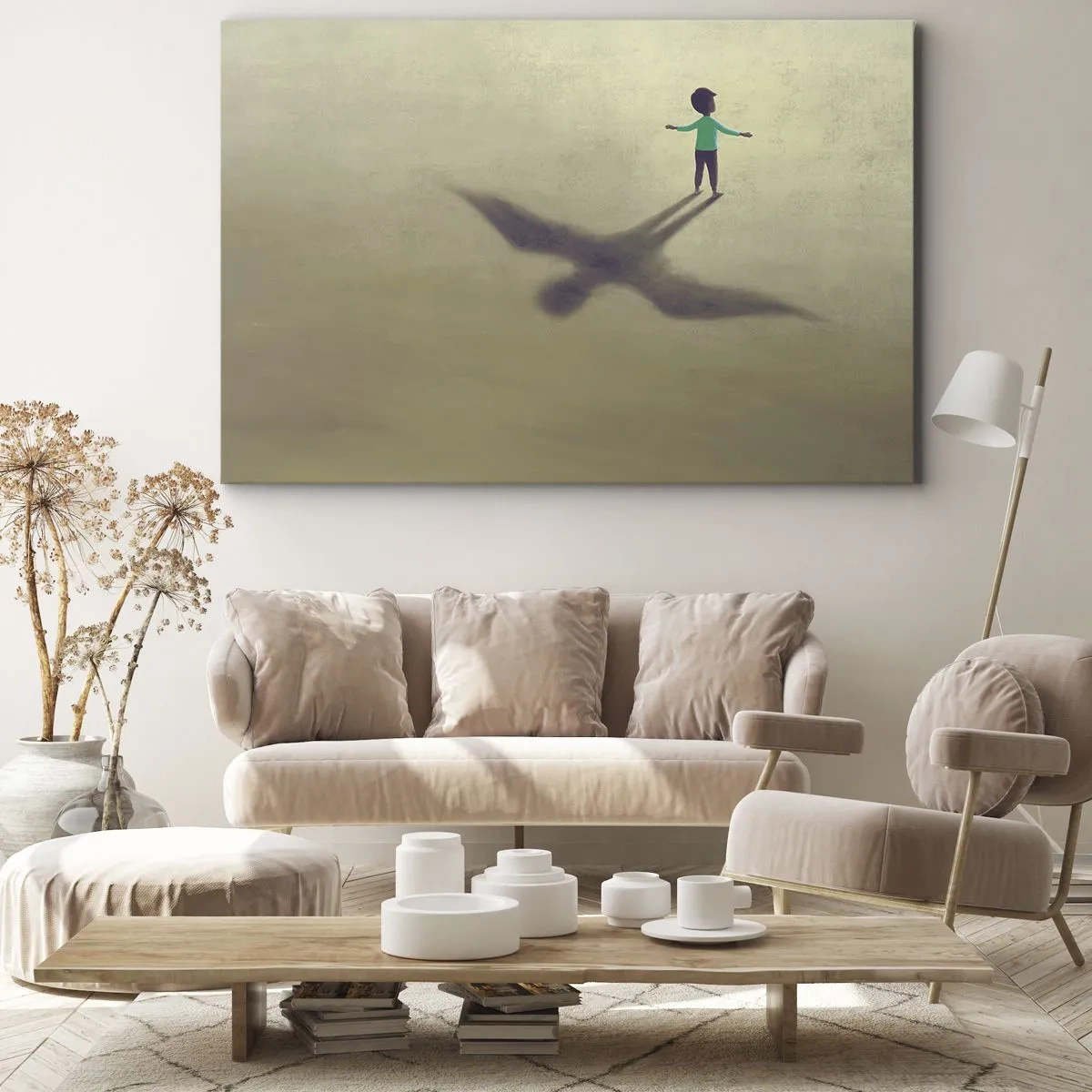 Canvastavla - Bild på duk - En symbolisk figur av ett barn med en fågelskugga mot en bakgrund i varma nyanser. - 70x50cm - Framtidens hjälte - Modern väggdekoration för vardagsrum och sovrum ARTTOR