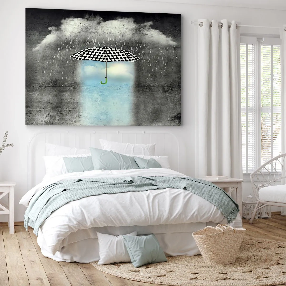 Canvastavla - Bild på duk - Ett rutigt paraply över ett regnigt landskap - 70x50cm - Det är möjligt trots allt - Modern väggdekoration för vardagsrum och sovrum ARTTOR