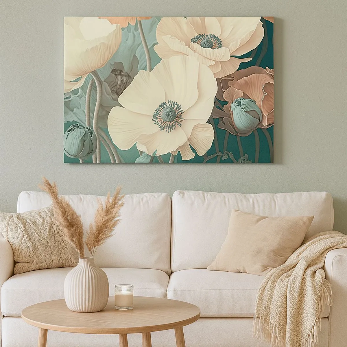 Canvastavla - Bild på duk - Eleganta blommor i pastellfärger mot en grön bakgrund - 70x50cm - Viskningar av vallmo - Modern väggdekoration för vardagsrum och sovrum ARTTOR