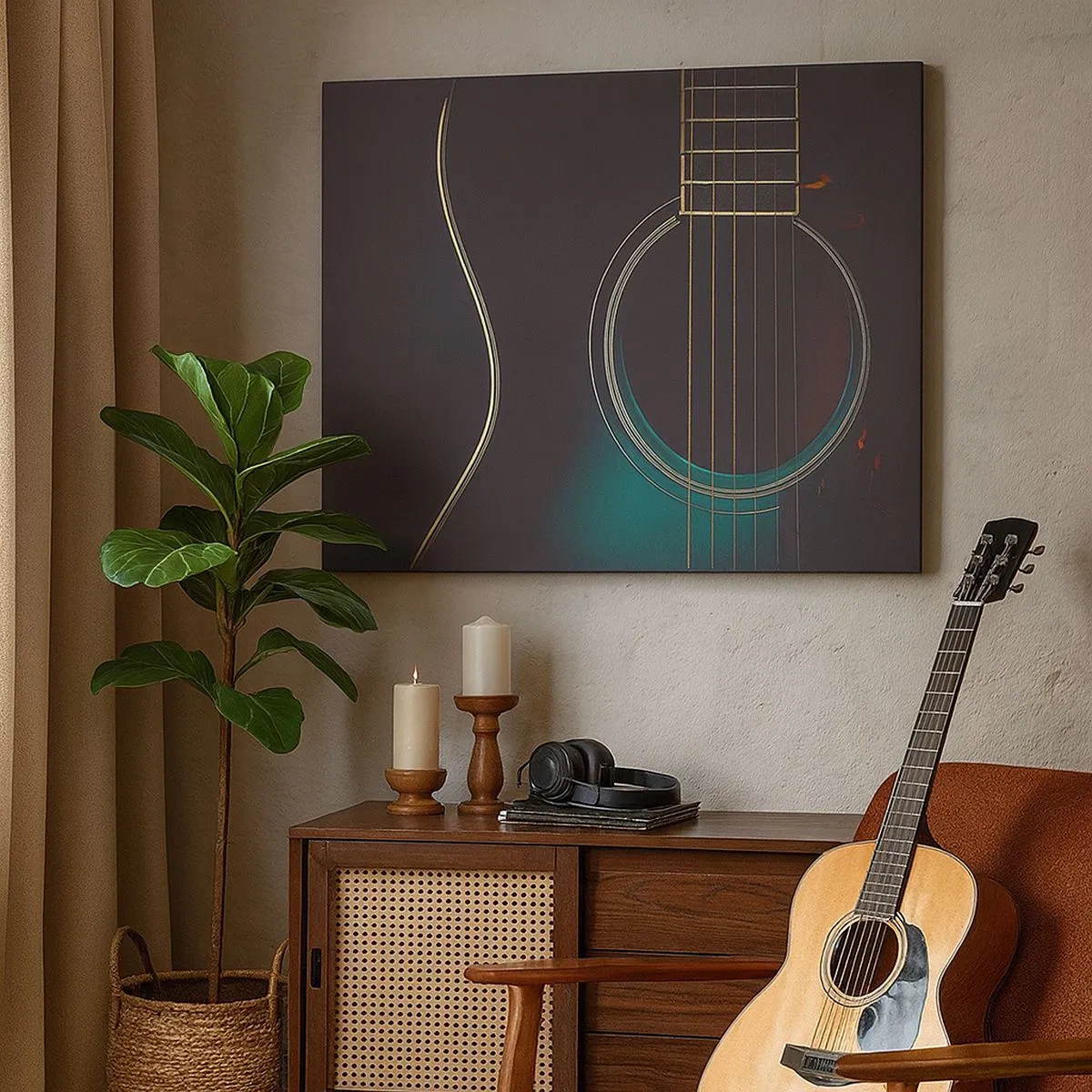 Canvastavla - Bild på duk - Akustisk gitarr i mörkt, elegant ljus - 70x50cm - Ett ögonblick innan det ljuder - Modern väggdekoration för vardagsrum och sovrum ARTTOR