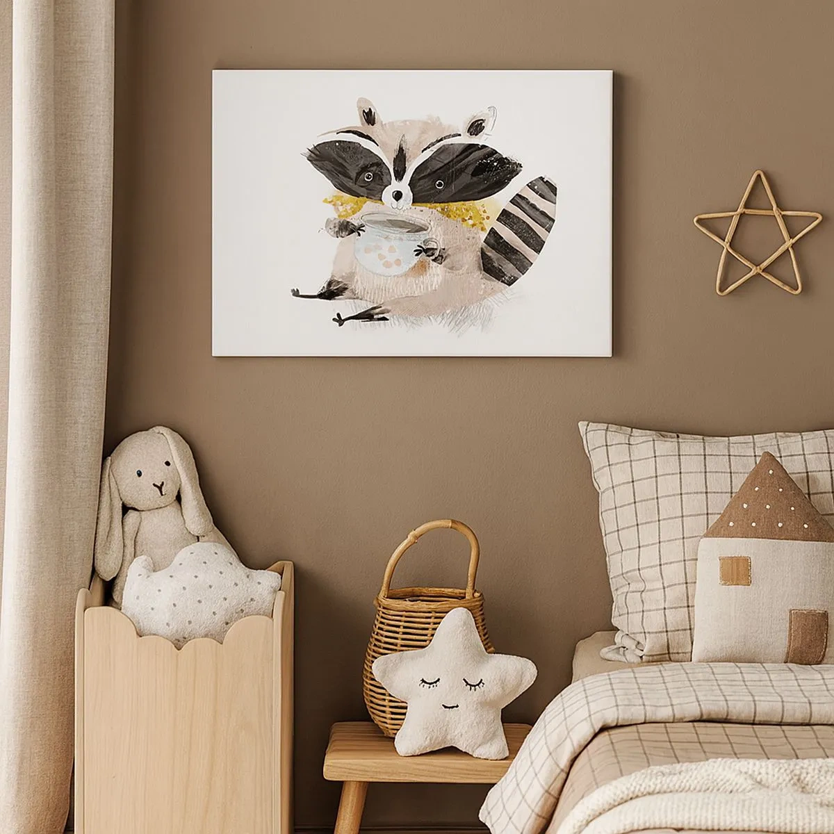 Canvastavla - Bild på duk - Bedårande tvättbjörn som håller en pastellfärgad mugg - 70x50cm - Min vän tvättbjörn - Modern väggdekoration för vardagsrum och sovrum ARTTOR