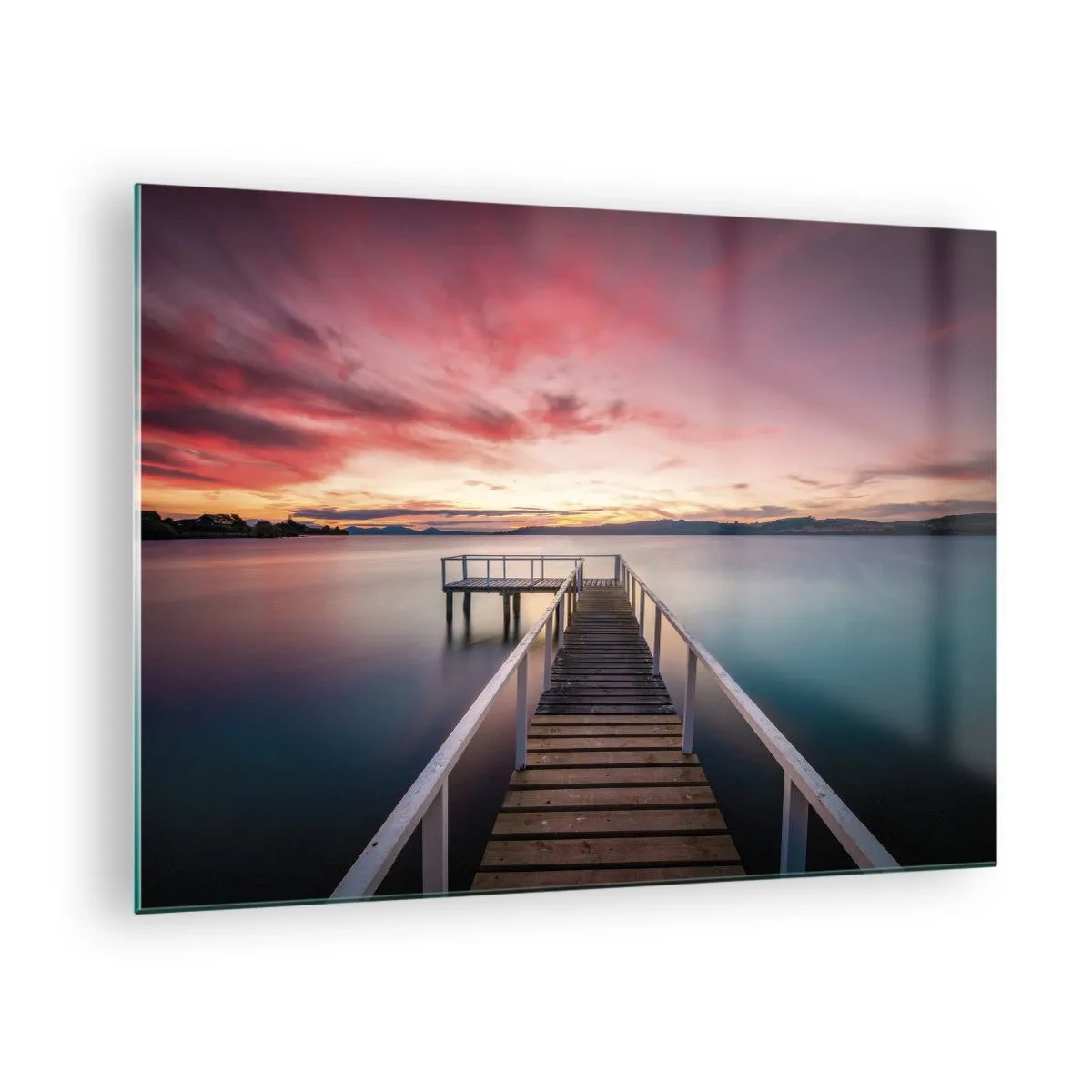 Glastavla - Bild på glas - Sjöpiren vid solnedgången med en rosa himmel - 70x50cm - Kvällens milda låga - Modern väggdekoration för vardagsrum och sovrum ARTTOR