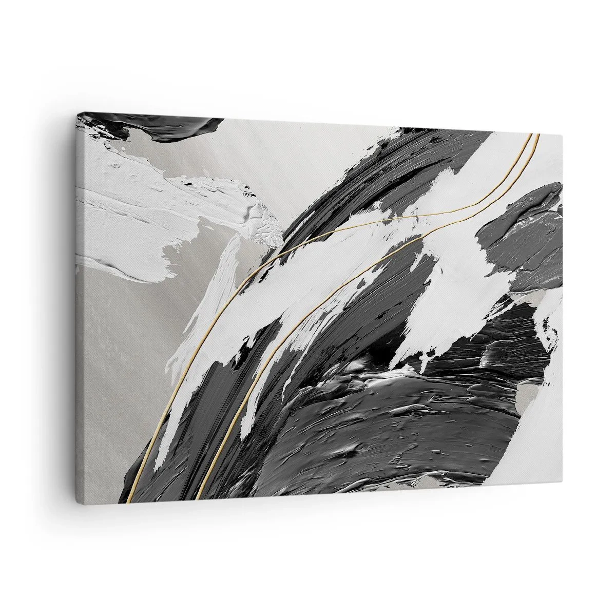 Canvastavla - Bild på duk - Svartvita penseldrag med en subtil guldfärgad accent - 70x50cm - Storslagen abstraktion - Modern väggdekoration för vardagsrum och sovrum ARTTOR