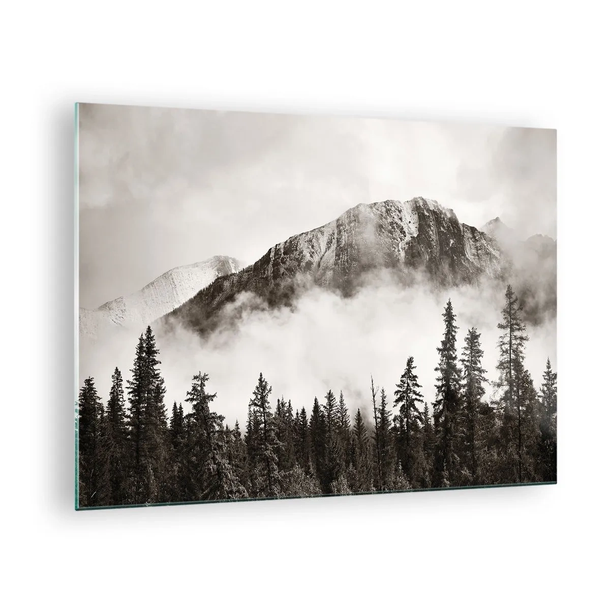 Glastavla - Bild på glas - Berglandskap med skog och dimma i sepiatoner - 70x50cm - Granithärskare - Modern väggdekoration för vardagsrum och sovrum ARTTOR