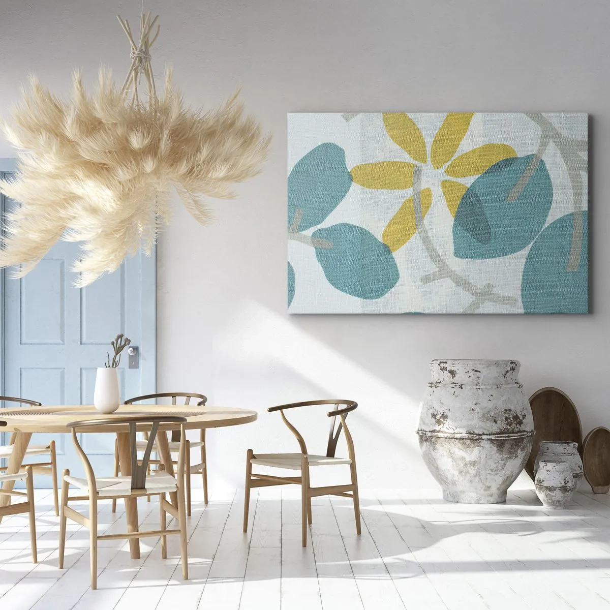 Canvastavla - Bild på duk - Blad i nyanser av turkos och gult mot en ljus bakgrund - 70x50cm - Bland azurblå blad - Modern väggdekoration för vardagsrum och sovrum ARTTOR