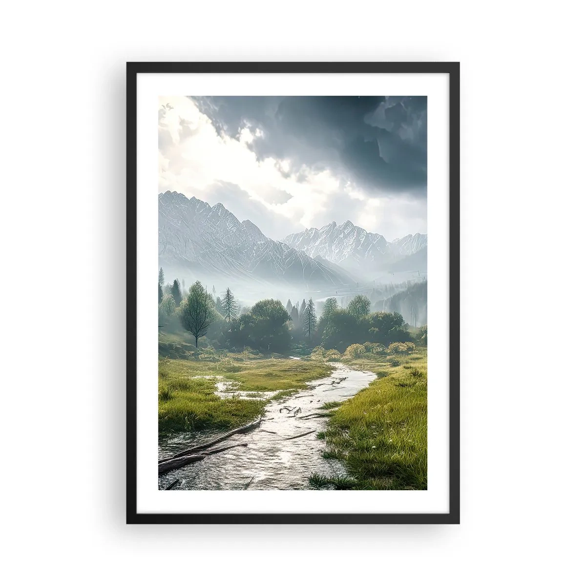 Affisch i svart ram - En bergsdal med en flod och majestätiska berg i bakgrunden - 50x70cm - Fram och tillbaka - Modern väggdekoration för vardagsrum och sovrum ARTTOR
