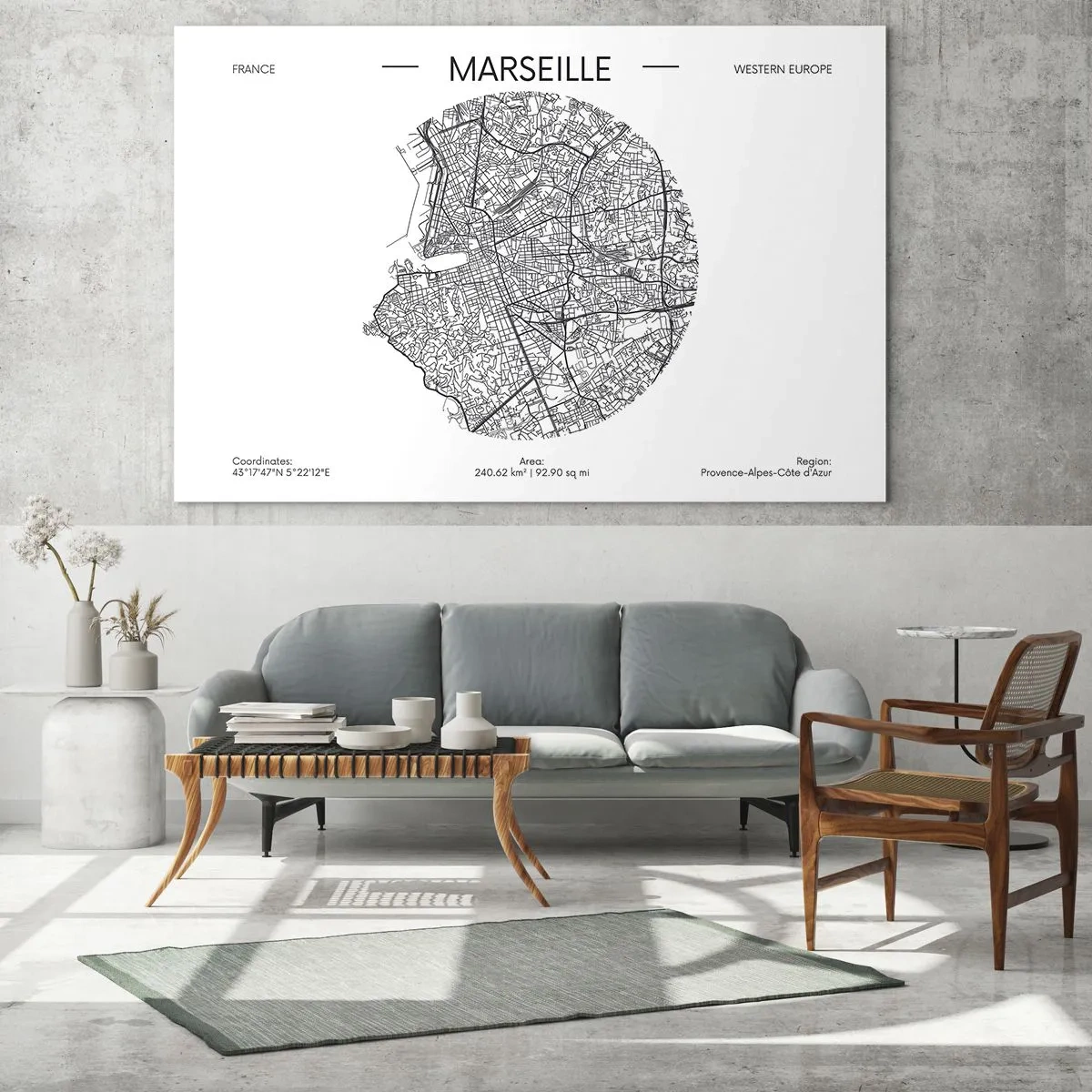 Glastavla - Bild på glas - Svartvit karta över staden Marseille i modern stil - 70x50cm - Marseilles anatomi - Modern väggdekoration för vardagsrum och sovrum ARTTOR