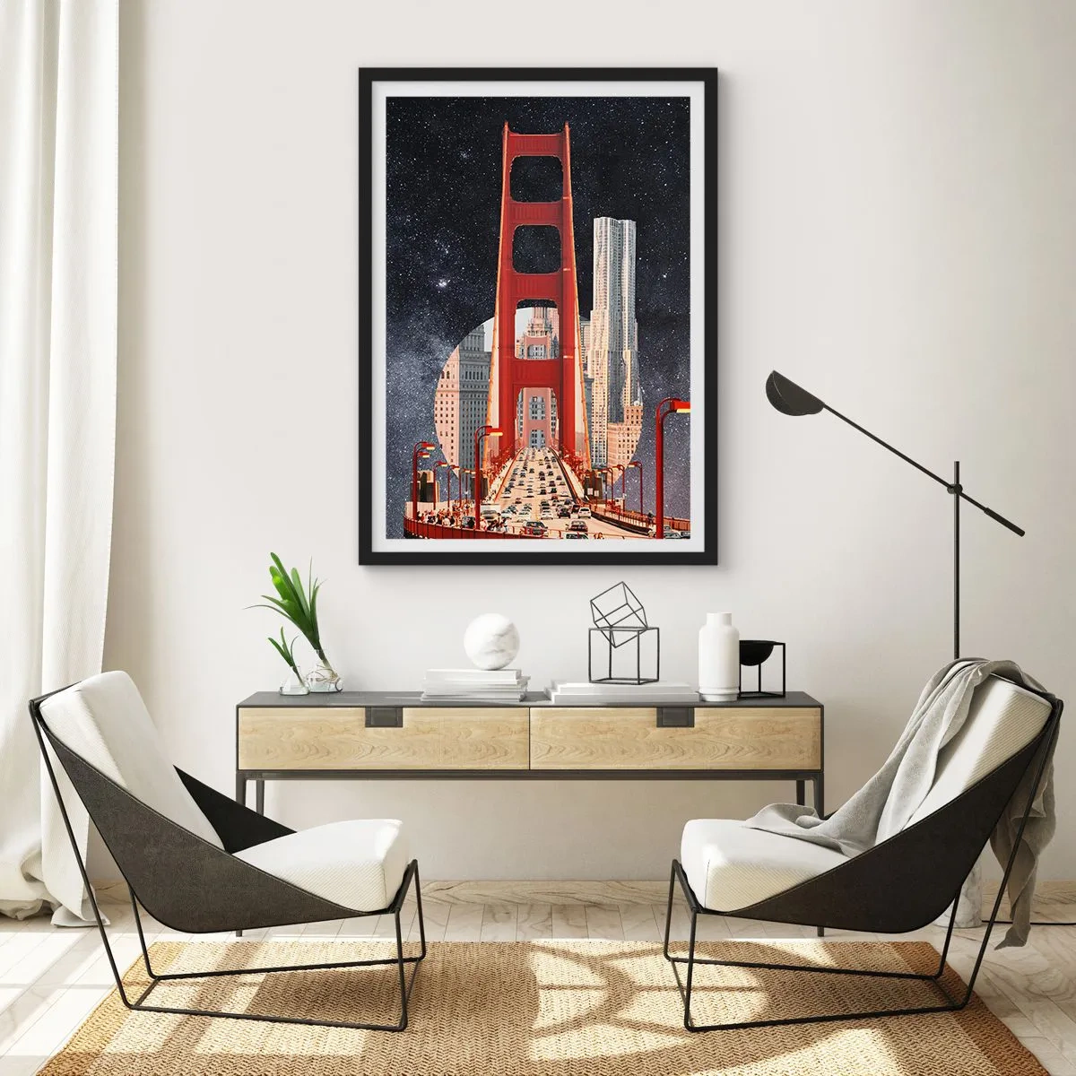 Affisch i svart ram - En bro och skyskrapor mot stjärnhimlen - 50x70cm - Alltid i centrum - Modern väggdekoration för vardagsrum och sovrum ARTTOR